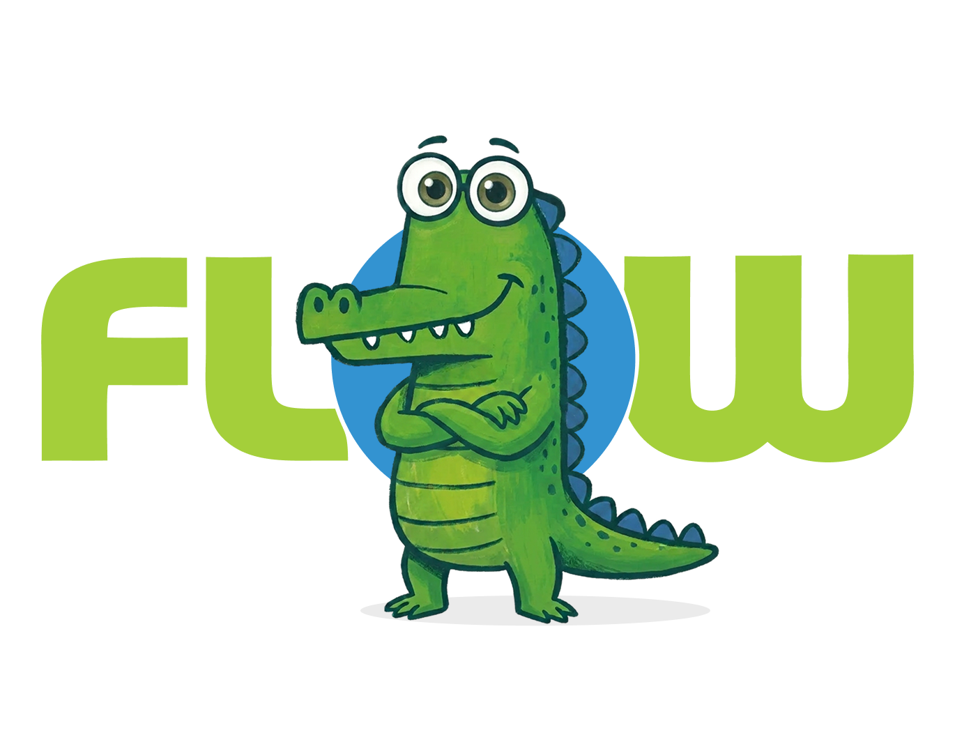 Mr Flow crocodile mascot with arms crossed
