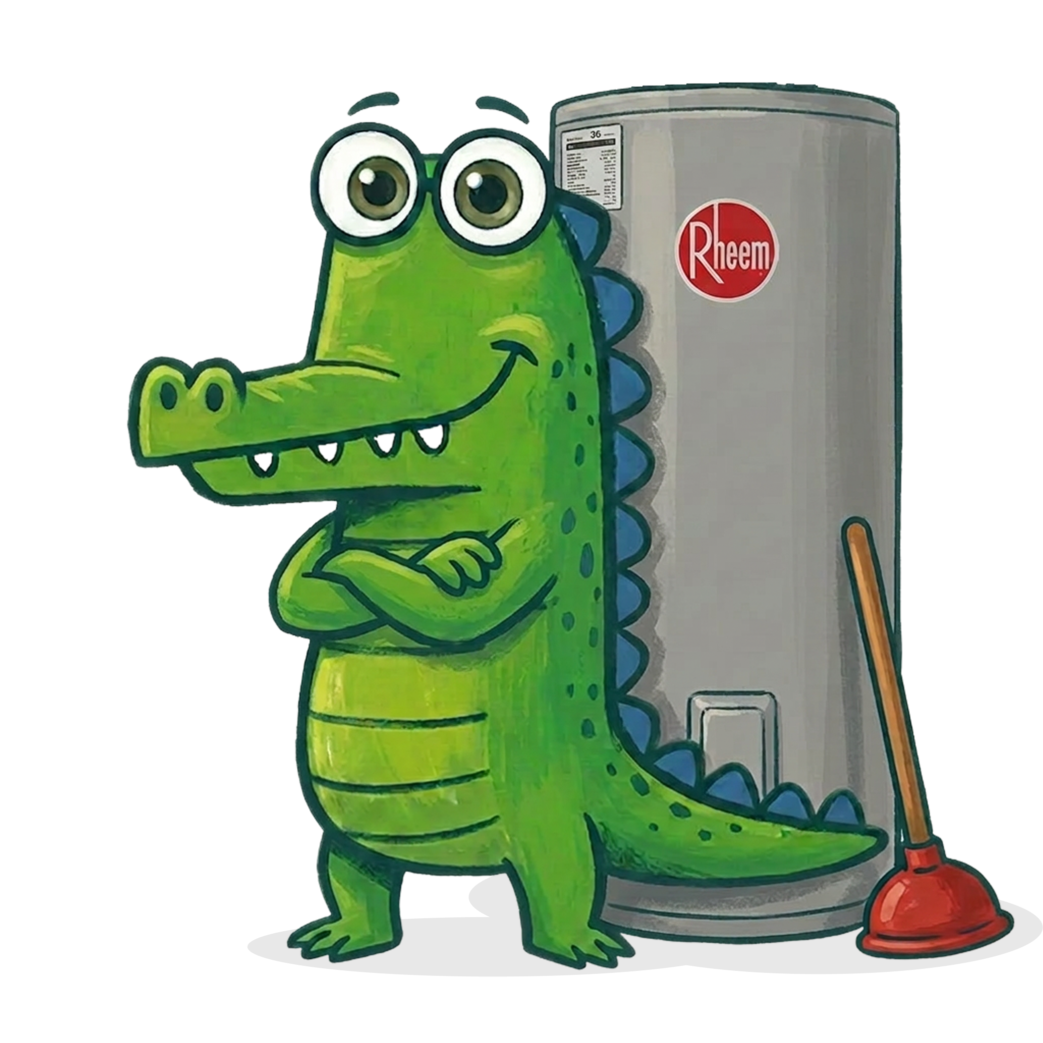 Mr Flow crocodile mascot fixing a hot water system